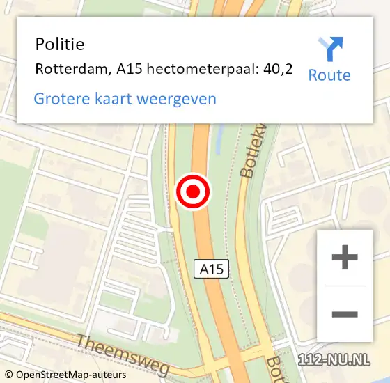 Locatie op kaart van de 112 melding: Politie Rotterdam, A15 hectometerpaal: 40,2 op 14 december 2021 11:10