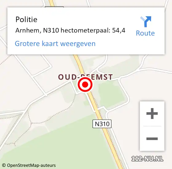 Locatie op kaart van de 112 melding: Politie Arnhem, N310 hectometerpaal: 54,4 op 14 december 2021 14:00