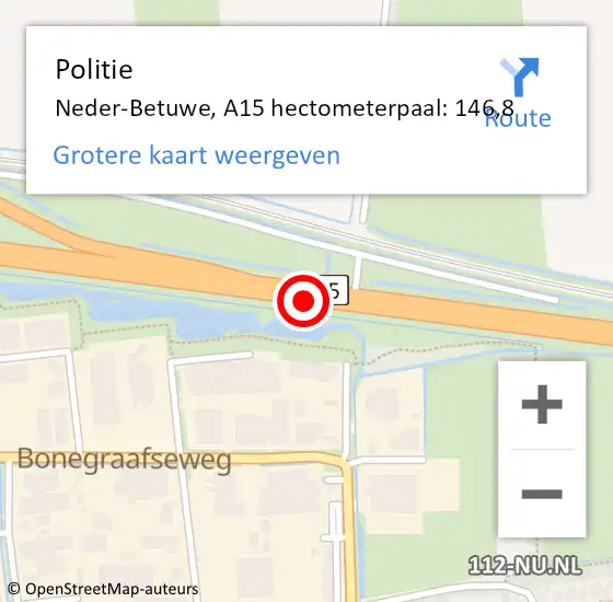 Locatie op kaart van de 112 melding: Politie Neder-Betuwe, A15 hectometerpaal: 146,8 op 14 december 2021 14:06