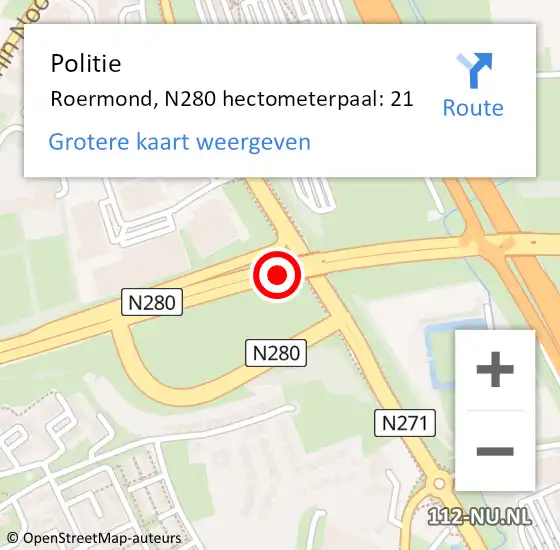 Locatie op kaart van de 112 melding: Politie Roermond, N280 hectometerpaal: 21 op 14 december 2021 17:20