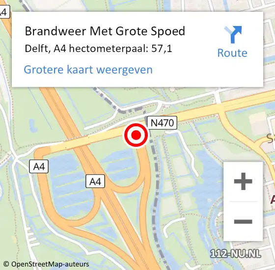 Locatie op kaart van de 112 melding: Brandweer Met Grote Spoed Naar Delft, A4 hectometerpaal: 57,1 op 14 december 2021 18:04