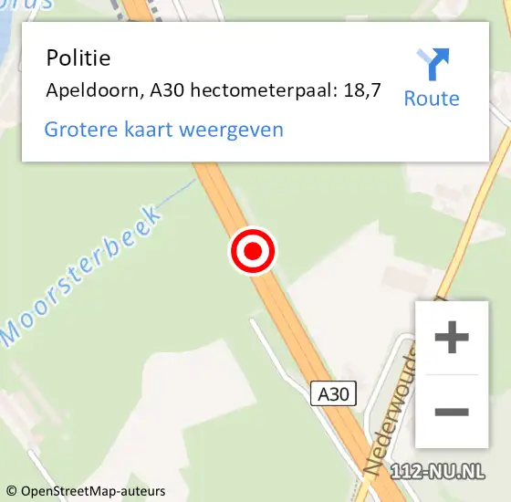 Locatie op kaart van de 112 melding: Politie Apeldoorn, A30 hectometerpaal: 18,7 op 14 december 2021 19:39