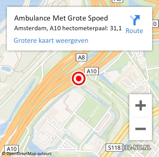 Locatie op kaart van de 112 melding: Ambulance Met Grote Spoed Naar Amsterdam, A10 hectometerpaal: 31,1 op 14 december 2021 19:40