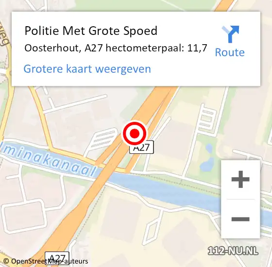 Locatie op kaart van de 112 melding: Politie Met Grote Spoed Naar Oosterhout, A27 hectometerpaal: 11,7 op 14 december 2021 21:13