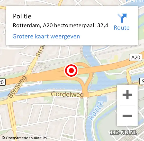 Locatie op kaart van de 112 melding: Politie Rotterdam, A20 hectometerpaal: 32,4 op 15 december 2021 01:26