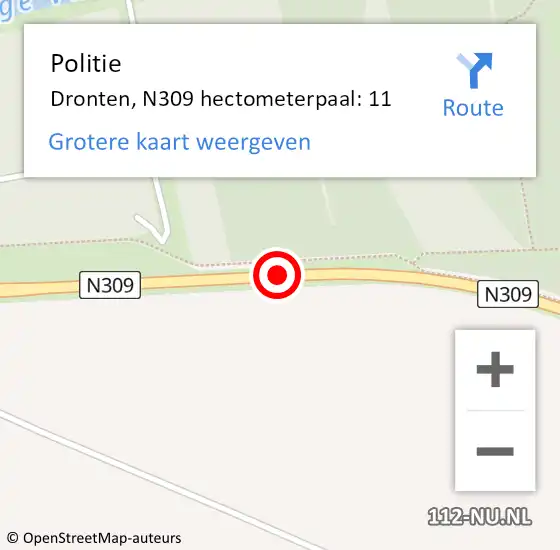 Locatie op kaart van de 112 melding: Politie Dronten, N309 hectometerpaal: 11 op 15 december 2021 06:11