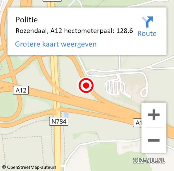 Locatie op kaart van de 112 melding: Politie Rozendaal, A12 hectometerpaal: 128,6 op 15 december 2021 06:35