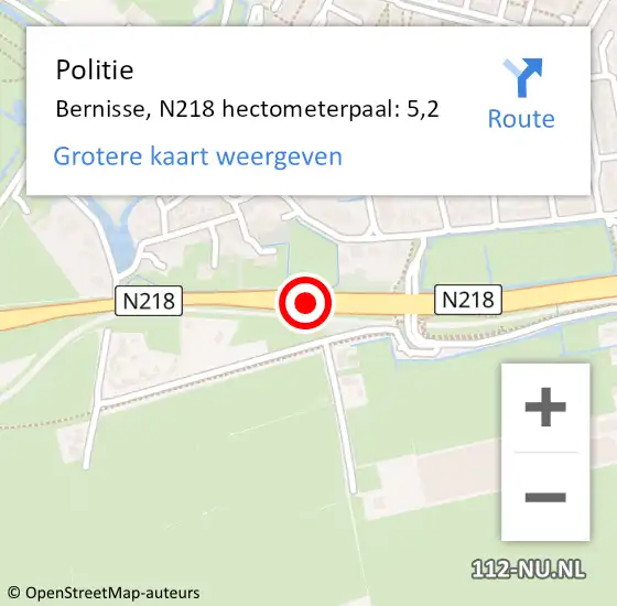 Locatie op kaart van de 112 melding: Politie Bernisse, N218 hectometerpaal: 5,2 op 15 december 2021 06:54