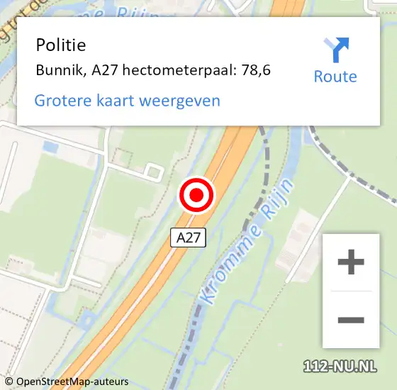 Locatie op kaart van de 112 melding: Politie Bunnik, A27 hectometerpaal: 78,6 op 15 december 2021 07:15