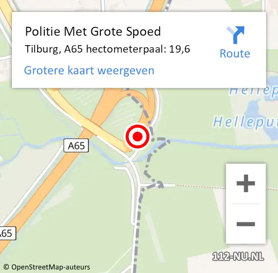 Locatie op kaart van de 112 melding: Politie Met Grote Spoed Naar Tilburg, A65 hectometerpaal: 19,6 op 15 december 2021 07:34