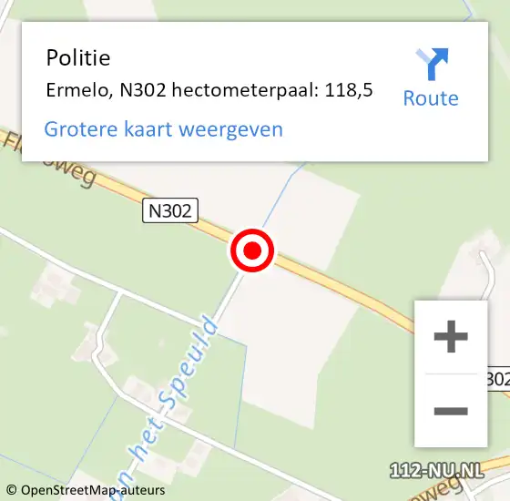 Locatie op kaart van de 112 melding: Politie Ermelo, N302 hectometerpaal: 118,5 op 15 december 2021 07:37