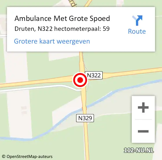 Locatie op kaart van de 112 melding: Ambulance Met Grote Spoed Naar Druten, N322 hectometerpaal: 59 op 15 december 2021 09:26