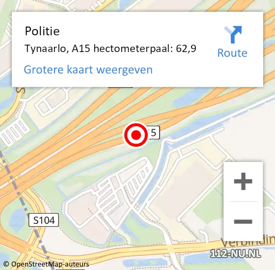 Locatie op kaart van de 112 melding: Politie Tynaarlo, A15 hectometerpaal: 62,9 op 15 december 2021 11:04