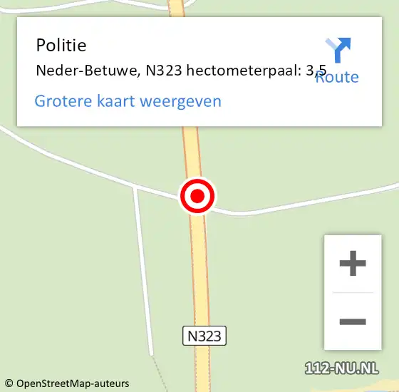 Locatie op kaart van de 112 melding: Politie Neder-Betuwe, N323 hectometerpaal: 3,5 op 15 december 2021 12:58
