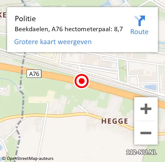 Locatie op kaart van de 112 melding: Politie Schinnen, A76 hectometerpaal: 8,7 op 15 december 2021 16:05