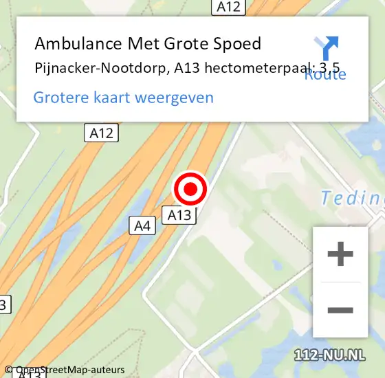 Locatie op kaart van de 112 melding: Ambulance Met Grote Spoed Naar Den Haag, A13 hectometerpaal: 3,5 op 15 december 2021 17:37