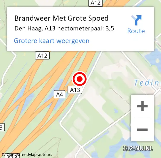 Locatie op kaart van de 112 melding: Brandweer Met Grote Spoed Naar Den Haag, A13 hectometerpaal: 3,5 op 15 december 2021 17:45