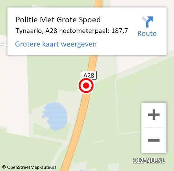 Locatie op kaart van de 112 melding: Politie Met Grote Spoed Naar Tynaarlo, A28 hectometerpaal: 187,7 op 15 december 2021 21:54