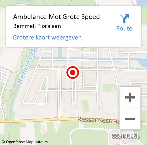 Locatie op kaart van de 112 melding: Ambulance Met Grote Spoed Naar Bemmel, Floralaan op 16 december 2021 01:43