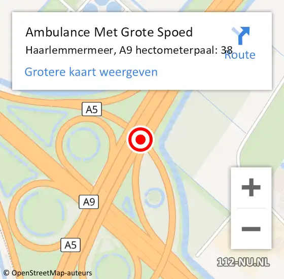 Locatie op kaart van de 112 melding: Ambulance Met Grote Spoed Naar Haarlemmermeer, A9 hectometerpaal: 38 op 16 december 2021 03:32