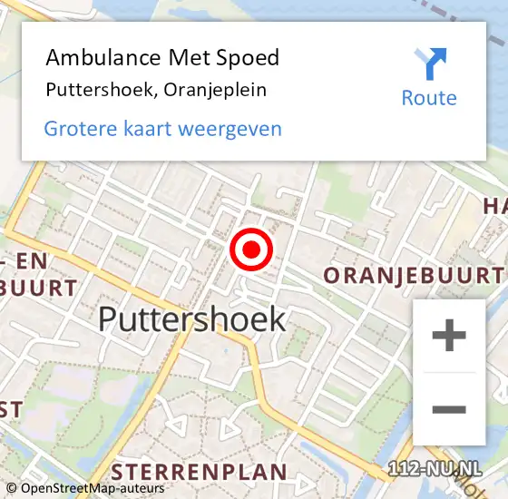 Locatie op kaart van de 112 melding: Ambulance Met Spoed Naar Puttershoek, Oranjeplein op 16 december 2021 05:44