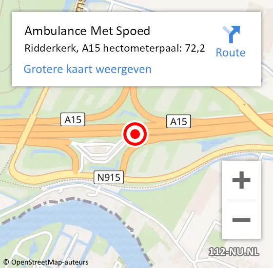 Locatie op kaart van de 112 melding: Ambulance Met Spoed Naar Ridderkerk, A15 hectometerpaal: 72,2 op 16 december 2021 07:23