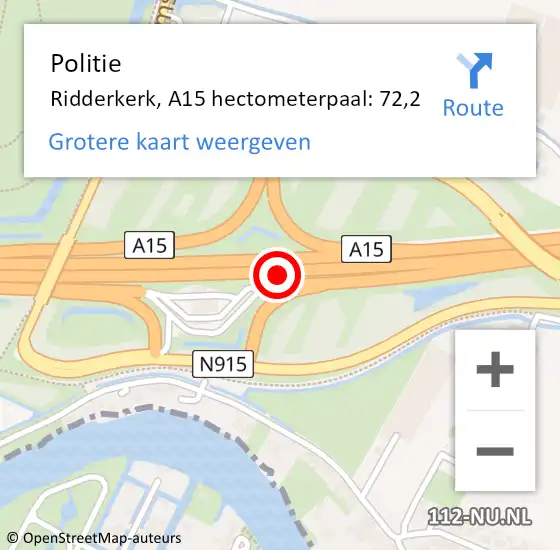 Locatie op kaart van de 112 melding: Politie Ridderkerk, A15 hectometerpaal: 72,2 op 16 december 2021 07:23