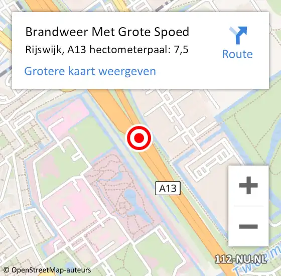 Locatie op kaart van de 112 melding: Brandweer Met Grote Spoed Naar Rijswijk, A13 hectometerpaal: 7,5 op 16 december 2021 07:31