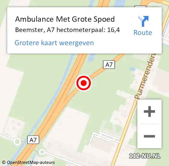 Locatie op kaart van de 112 melding: Ambulance Met Grote Spoed Naar Beemster, A7 hectometerpaal: 16,4 op 16 december 2021 07:49