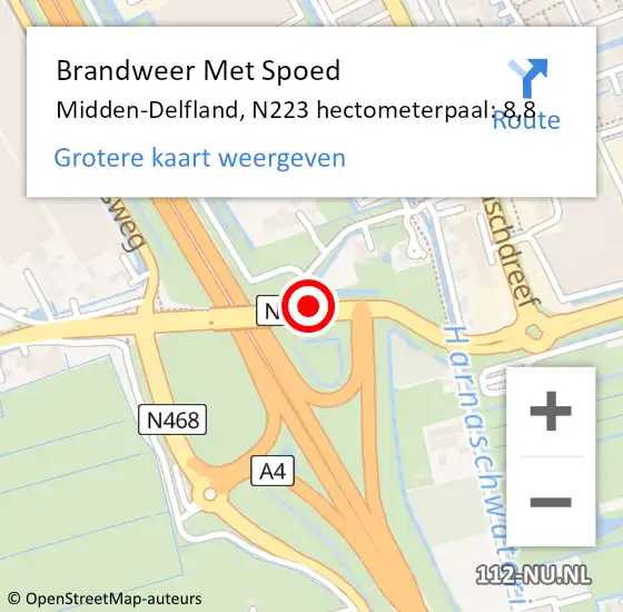 Locatie op kaart van de 112 melding: Brandweer Met Spoed Naar Midden-Delfland, N223 hectometerpaal: 8,8 op 16 december 2021 07:55