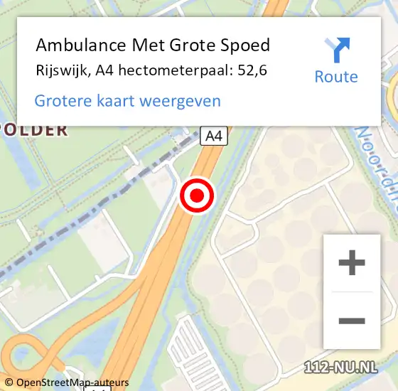 Locatie op kaart van de 112 melding: Ambulance Met Grote Spoed Naar Rijswijk, A4 hectometerpaal: 52,6 op 16 december 2021 08:08