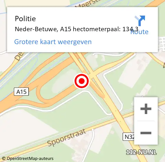 Locatie op kaart van de 112 melding: Politie Neder-Betuwe, A15 hectometerpaal: 134,3 op 16 december 2021 08:36