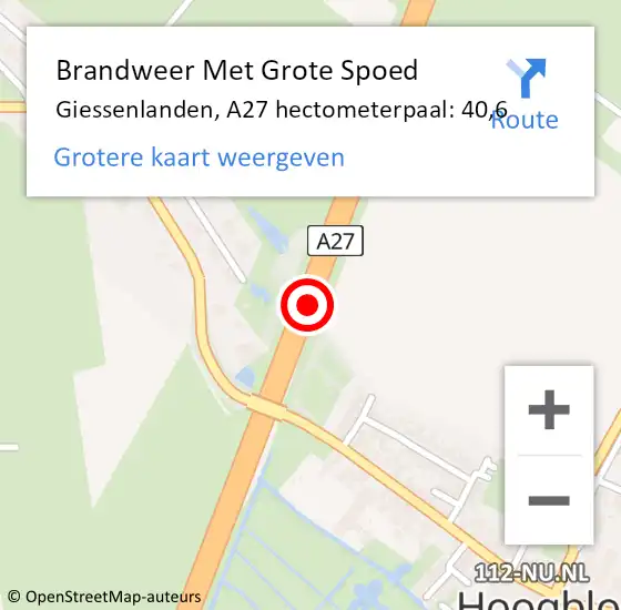 Locatie op kaart van de 112 melding: Brandweer Met Grote Spoed Naar Giessenlanden, A27 hectometerpaal: 40,6 op 16 december 2021 09:24