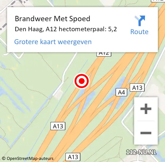 Locatie op kaart van de 112 melding: Brandweer Met Spoed Naar Den Haag, A12 hectometerpaal: 5,2 op 16 december 2021 10:07