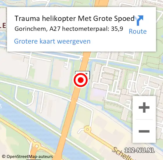 Locatie op kaart van de 112 melding: Trauma helikopter Met Grote Spoed Naar Gorinchem, A27 hectometerpaal: 35,9 op 16 december 2021 10:43