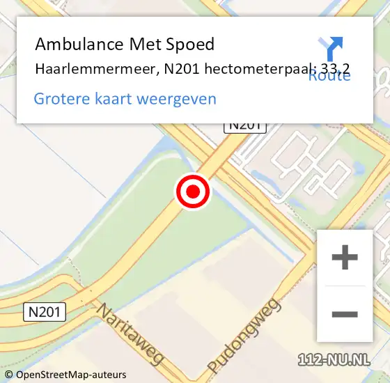 Locatie op kaart van de 112 melding: Ambulance Met Spoed Naar Haarlemmermeer, N201 hectometerpaal: 33,2 op 16 december 2021 13:56