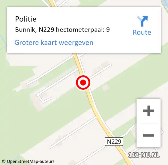 Locatie op kaart van de 112 melding: Politie Bunnik, N229 hectometerpaal: 9 op 16 december 2021 15:53