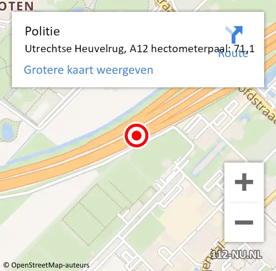 Locatie op kaart van de 112 melding: Politie Utrechtse Heuvelrug, A12 hectometerpaal: 71,1 op 16 december 2021 16:23