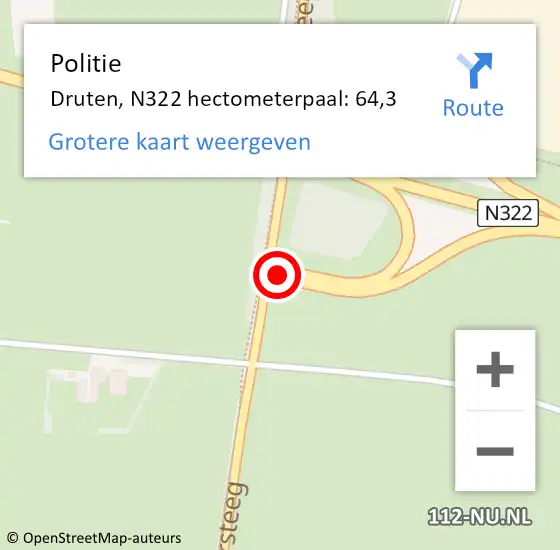 Locatie op kaart van de 112 melding: Politie Druten, N322 hectometerpaal: 64,3 op 16 december 2021 17:07