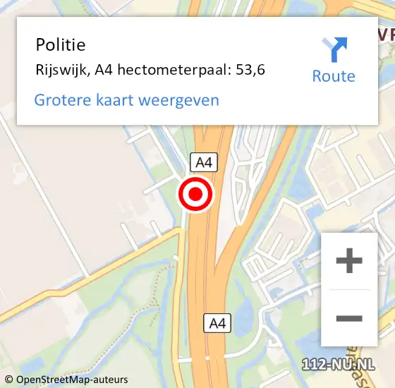 Locatie op kaart van de 112 melding: Politie Rijswijk, A4 hectometerpaal: 53,6 op 16 december 2021 17:51