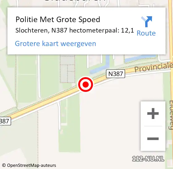 Locatie op kaart van de 112 melding: Politie Met Grote Spoed Naar Slochteren, N387 hectometerpaal: 12,1 op 16 december 2021 18:32