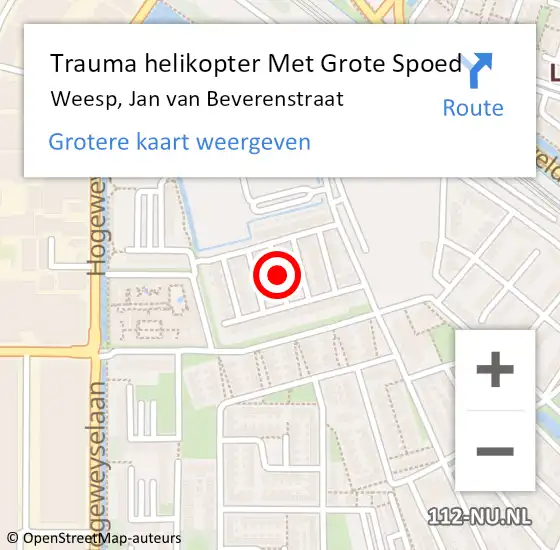 Locatie op kaart van de 112 melding: Trauma helikopter Met Grote Spoed Naar Weesp, Jan van Beverenstraat op 16 december 2021 18:59