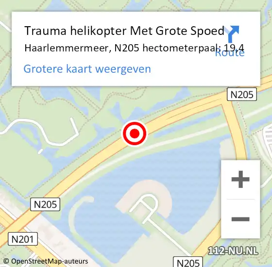 Locatie op kaart van de 112 melding: Trauma helikopter Met Grote Spoed Naar Haarlemmermeer, N205 hectometerpaal: 19,4 op 16 december 2021 19:37