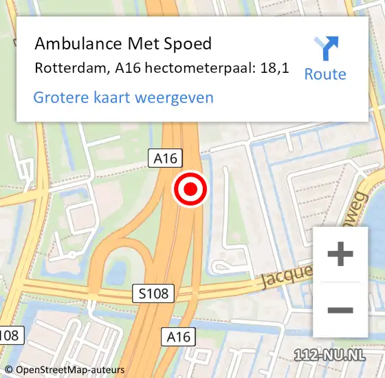 Locatie op kaart van de 112 melding: Ambulance Met Spoed Naar Rotterdam, A16 hectometerpaal: 18,1 op 16 december 2021 20:13