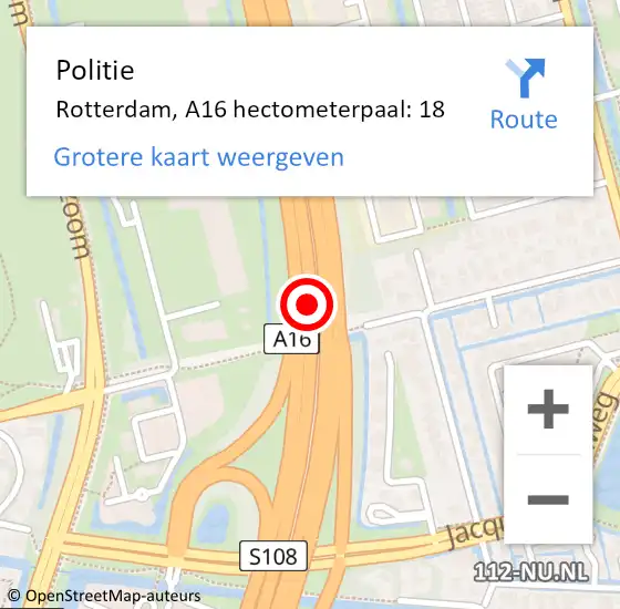 Locatie op kaart van de 112 melding: Politie Rotterdam, A16 hectometerpaal: 18 op 16 december 2021 20:13