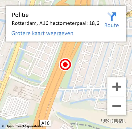 Locatie op kaart van de 112 melding: Politie Rotterdam, A16 hectometerpaal: 18,6 op 16 december 2021 20:52