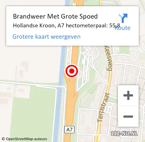 Locatie op kaart van de 112 melding: Brandweer Met Grote Spoed Naar Hollandse Kroon, A7 hectometerpaal: 55,8 op 16 december 2021 21:35