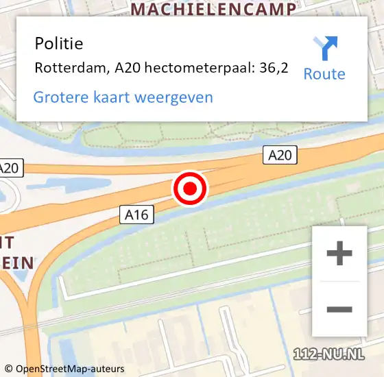 Locatie op kaart van de 112 melding: Politie Rotterdam, A20 hectometerpaal: 36,2 op 16 december 2021 22:32