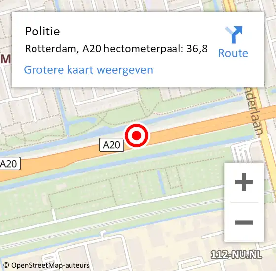 Locatie op kaart van de 112 melding: Politie Rotterdam, A20 hectometerpaal: 36,8 op 16 december 2021 22:34