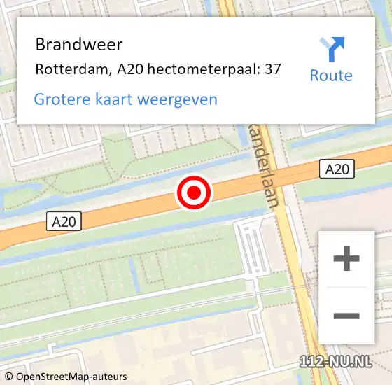 Locatie op kaart van de 112 melding: Brandweer Rotterdam, A20 hectometerpaal: 37 op 16 december 2021 22:52